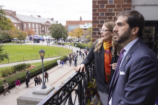 President Michelle J. Anderson and Senator Andrew Gounardes view the East Quad where improvement projects are coming thanks to a capital grant secured by the Senator.
