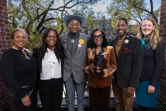 : New York State Assembly Members Alicia L. Hyndman (D-29) and Rodneyse Bichotte (D-42); Cyle Paul, President of Brooklyn College Student Government Association; Congresswoman Yvette Clarke, New York City Public Advocate and Brooklyn College graduate Jumaane D. Williams ’01, ’05 M.A.; and President Michelle J. Anderson.