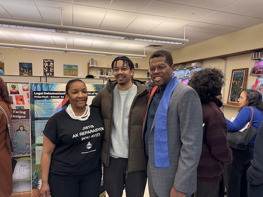 HSI Director Marie Lily Cerat, Georges Elizée, and Obden Mondesir at the Haitian Studies Institute Archives.