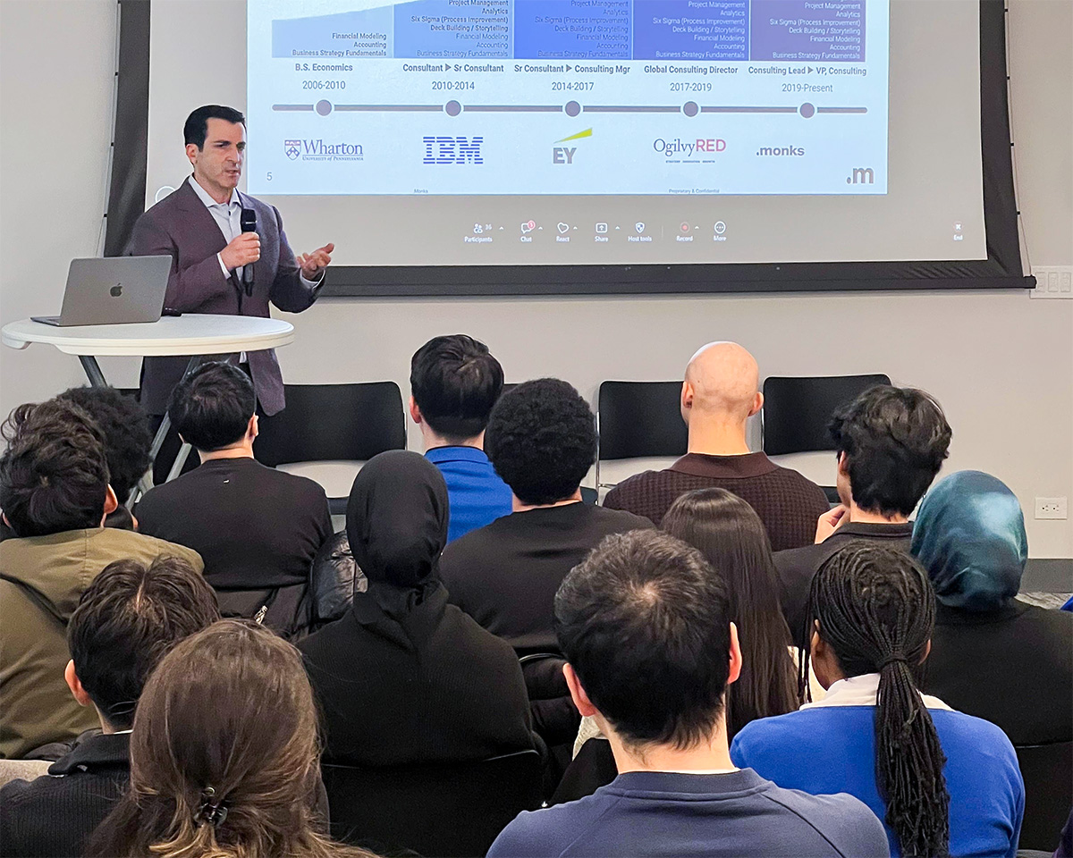 Matt Lentz, vice president at Monks and founder of the Enterprise Consulting Practice, speaks at an AI bootcamp hosted by NYU’s Tandon School of Engineering on March 12. The event was a part of the CUNY AI literacy and professional readiness series led by Brooklyn College Associate Professor Ngoc (Cindy) Pham and focused on AI in enterprise consulting.