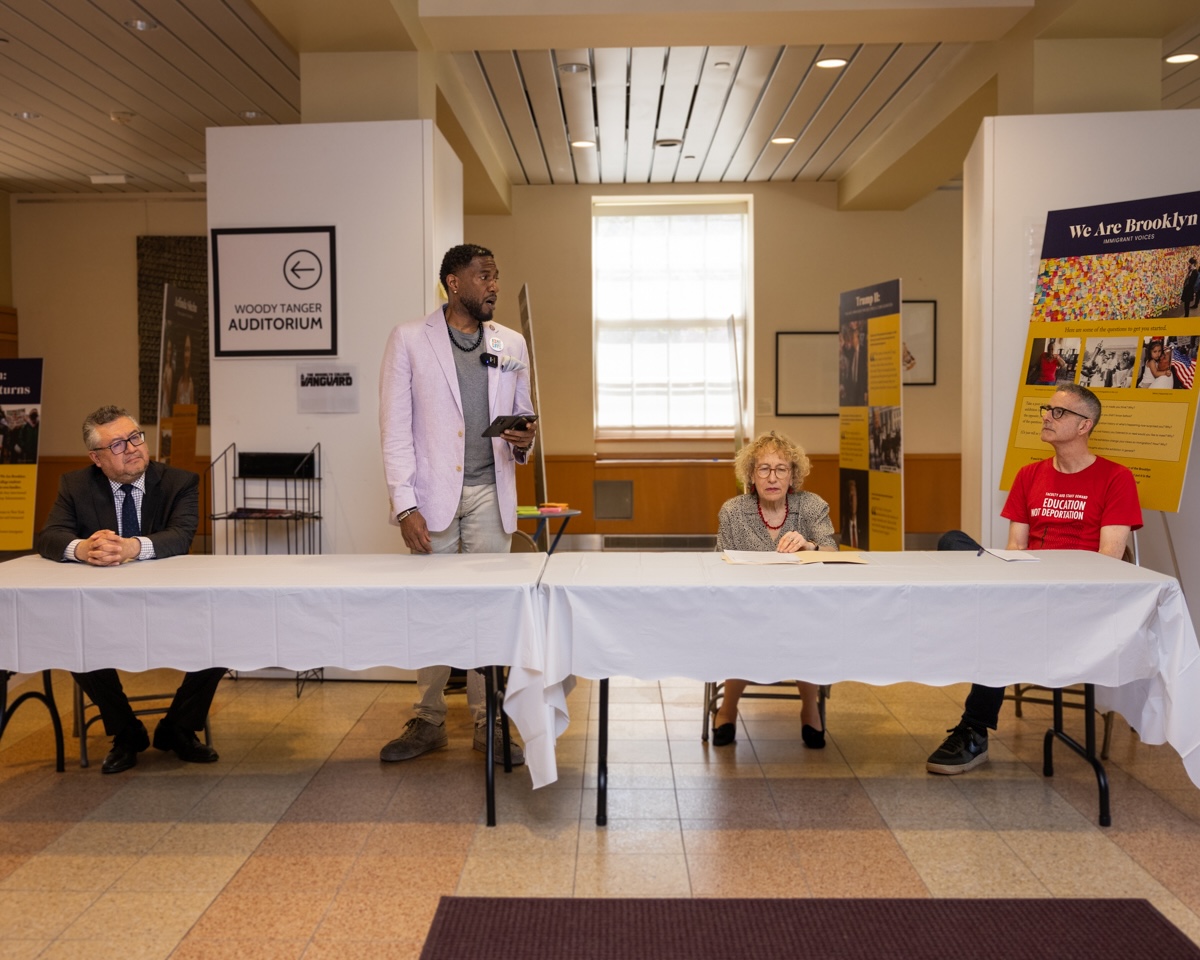(Left to right) Jesús Pérez, the director of the Brooklyn College Immigrant Student Success Office, Public Advocate Jumaane D. Williams, Professor Emerita Jessica Siegel, and Professor Joseph Entin.
