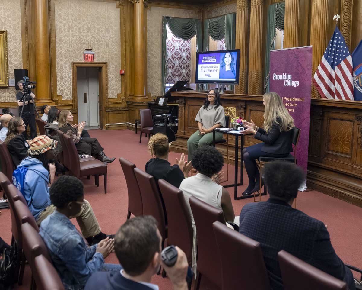 Attendees listen to guest Liz Dozier and President Michelle J. Anderson discuss the structural roots of maternal health disparities, while emphasizing the importance of education, policy reform, and community-centered care.