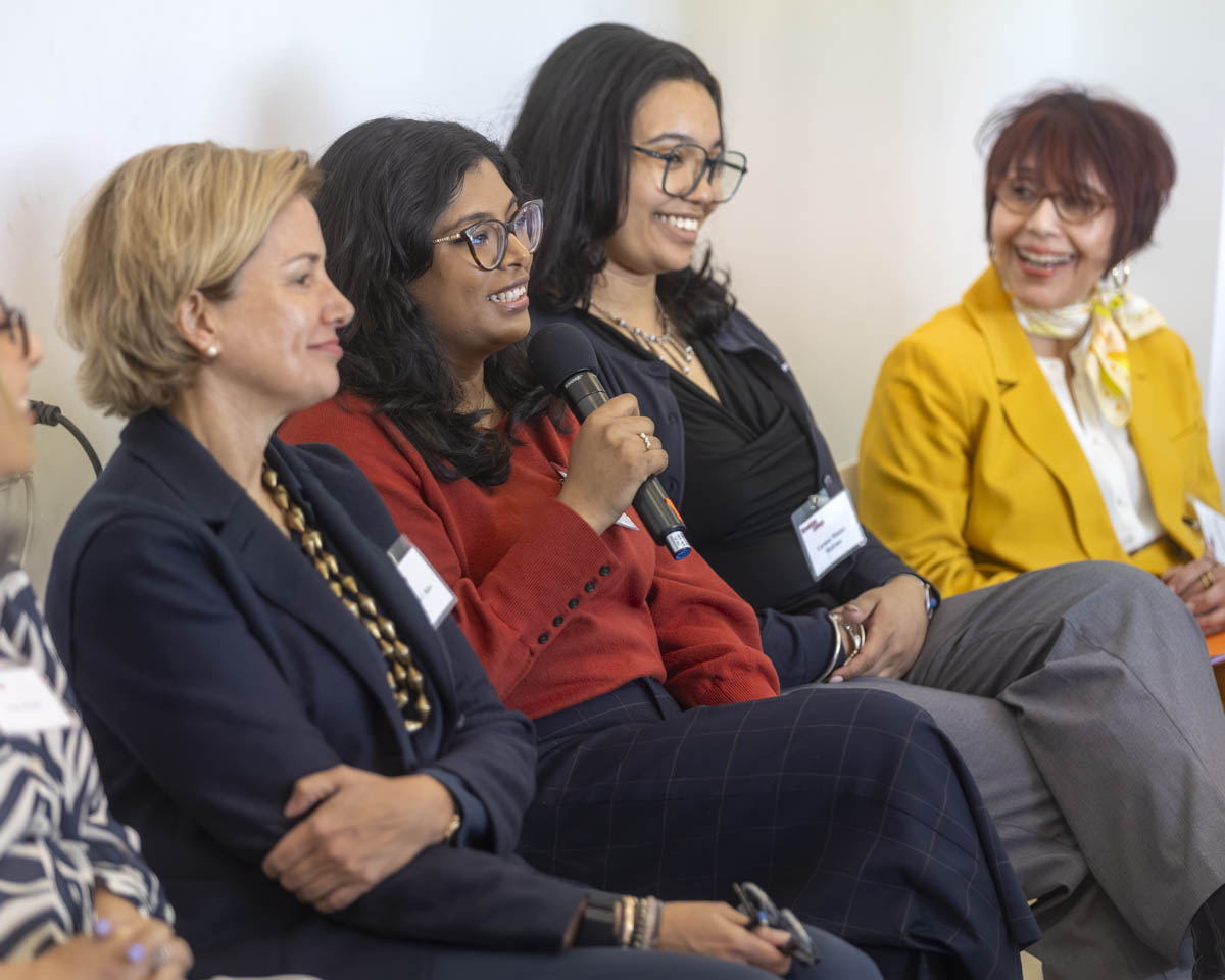 The Panel on “Latina Mothers and Perinatal Mental Health: Barriers, Culture, and Pathways to Care” included (left to right) moderator Silvia Juarez-Marazzo (LCSW-R, NCPsyA, from Chances for Children, and Brooklyn College adjunct Instructor); Laudy Burgos (LCSW-R, PMH-C, Associate Director, OB/GYN and NICU, Mount Sinai Hospital, who is taking perinatal mental health courses at Brooklyn College); Mahbuba Choudhury (LMSW, OB/GYN, Mount Sinai Hospital; and Carmen Muñoz-Medrano, Hispanic Federation, also studying perinatal mental health at Brooklyn College).