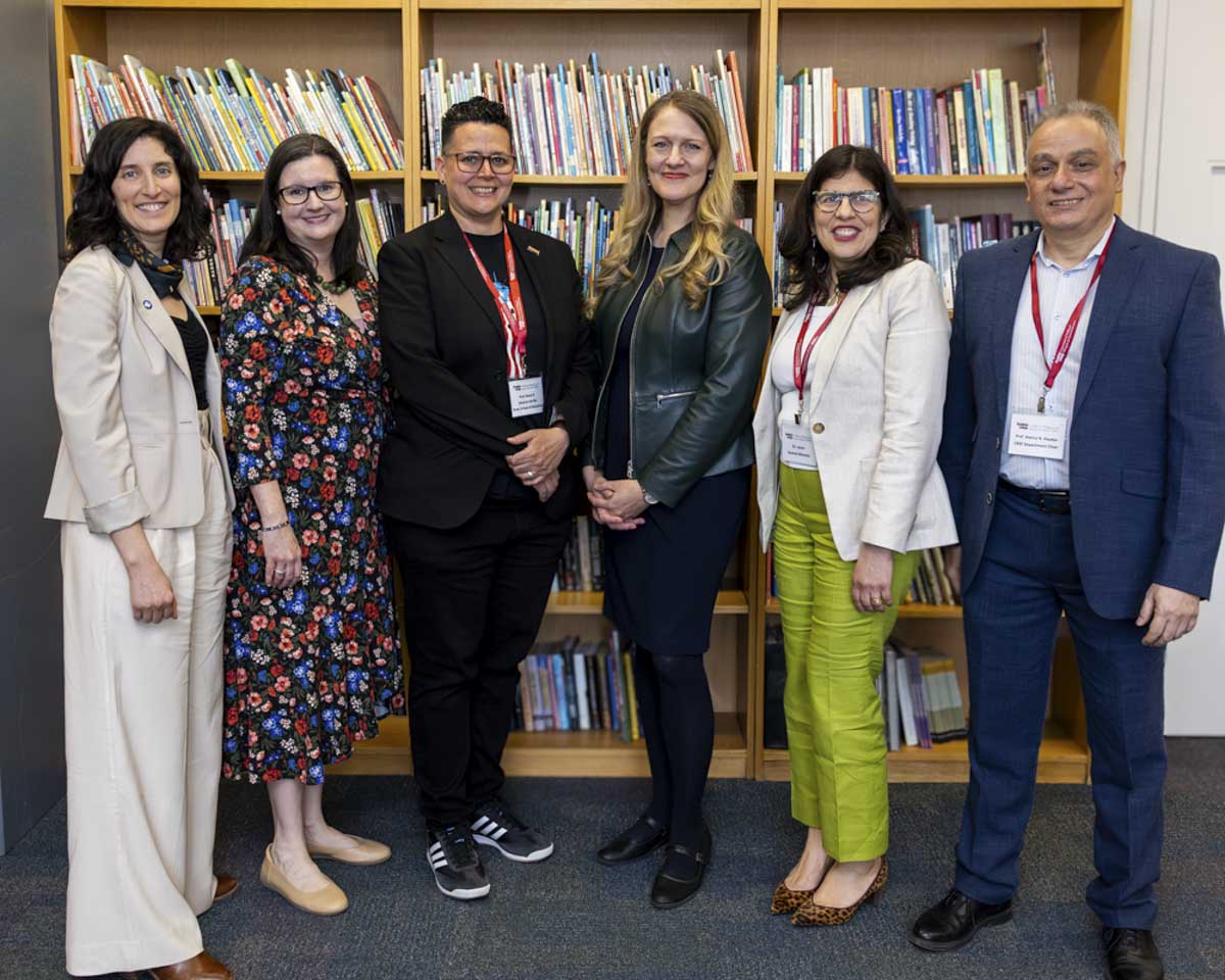 (Left to right) Sara Vogel, Director of Programs and Research for Computing Integrated Teacher Education (CITE) at the City University of New York (CUNY); Ashleigh Thompson - CUNY Dean of Education; María R. Scharrón del Río, Dean of the School of Education at Brooklyn College; Michelle Anderson, President of Brooklyn College; Laura Ascenzi-Moreno, Professor of Bilingual Education & Bilingual Program Coordinator at Brooklyn College; and Hanna Haydar, Chair of the Childhood, Bilingual, and Special Education Department.