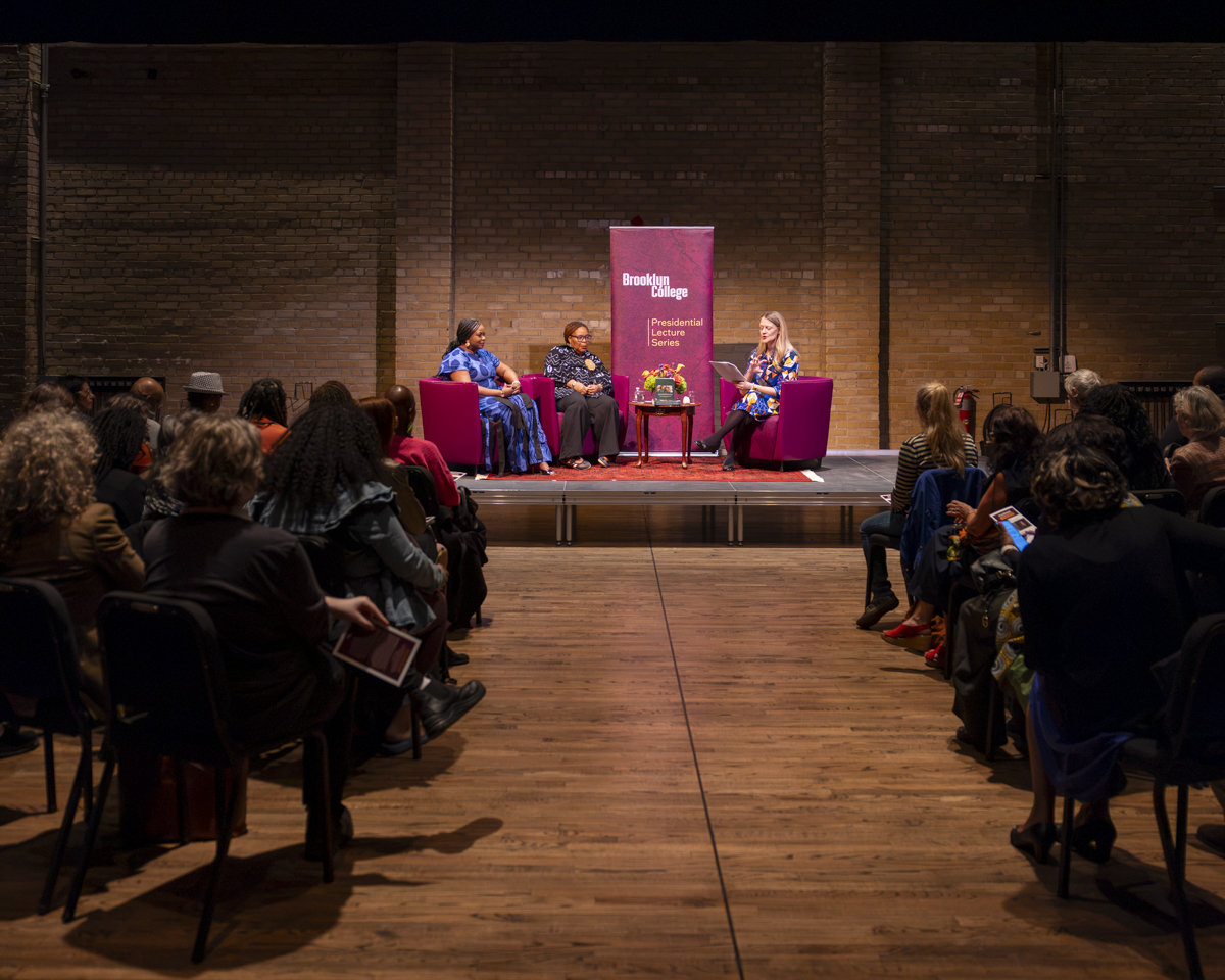 (Left to right) Thelma Ekiyor, Leymah Gbowee, and Brooklyn College President Michelle J. Anderson engage attendees in a conversation on leadership, peacebuilding, and social change at the Claire Tow Theater.