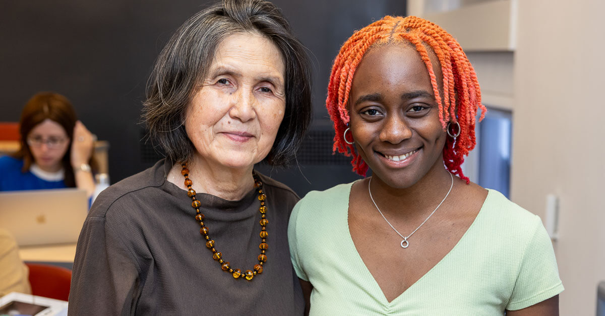 Mentor and Assistant Professor in Health and Nutrition Sciences Kiyoka Koizumi with mentee Rhema Mills. Their research looks at similarities in maternal mortality and midwifery between Black women and indigenous Ecuadoreans.