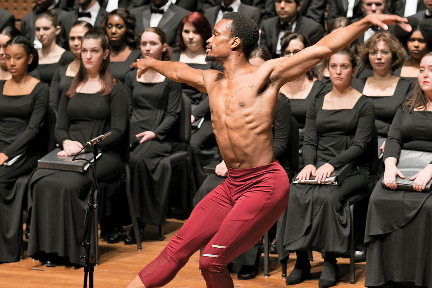 The Brooklyn College Choir and Conservatory Singers perform at a Freedom Concert in the Leonard & Claire Tow Center for the Performing Arts as part of John Hope Franklin Day in October. The annual event, in honor of the renowned historian and former Brooklyn College faculty member.