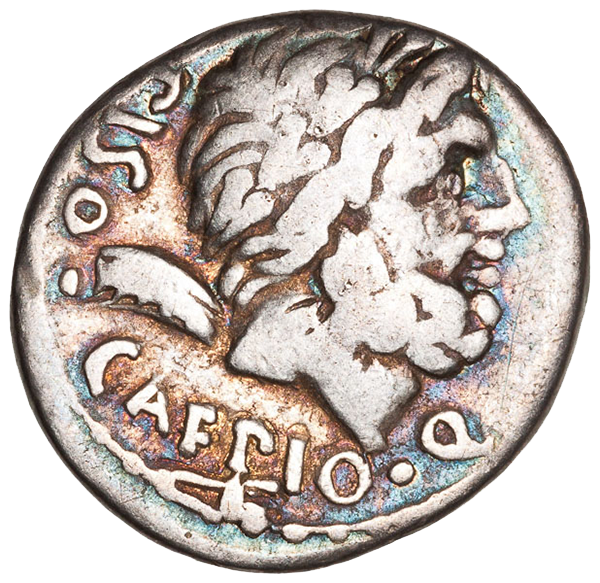 The reverse (back) of the Roman Republic denarius shows two seated quaestors—flanked by sheaves of wheat—representing L. Calpurnius Piso Caesoninus and Q. Servilius Caepio—Roman officials who had charge of public revenue and expenditure who issued the coin. The abbreviation AD·FRV·EMV EX·S·C stands for Ad frumentum emundun ex senatus consulto, “for the purchase of grain by order of the senate.”