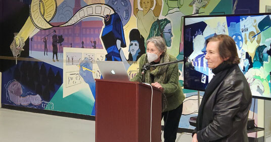 Annette Danto (left), Department Chair of Film and Feirstein’s Graduate School of Cinema, stands with Mona Hadler, Professor of Art History and Chair of the Art Department, during an event to celebrate its unveiling on December 14.
