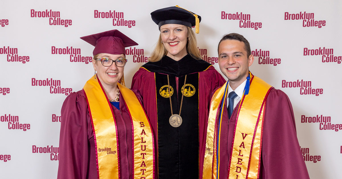 (Left to right) Class of 2023 Salutatorian Lisa Leopold- Chaparro, Brooklyn College President Michelle J. Anderson, and the valedictorian Chaim Janani.