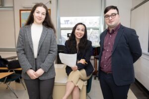Students Jessica Serheyeva (left) and Daviti Mkheidze (right) helped facilitate the Q&A for the event that was organized as part of Assistant Professor Cindy Ngoc Pham’s Principles of Selling course.