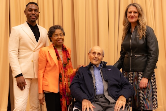 (From left) Associate Professor Malcolm J. Merriweather, Pulitzer Prize-winner and Kennedy Center Honoree, conductor, and educator Tania León, Leonard Tow ‘50, and Brooklyn College President Michelle J. Anderson at the Presidential Lecture Series event.